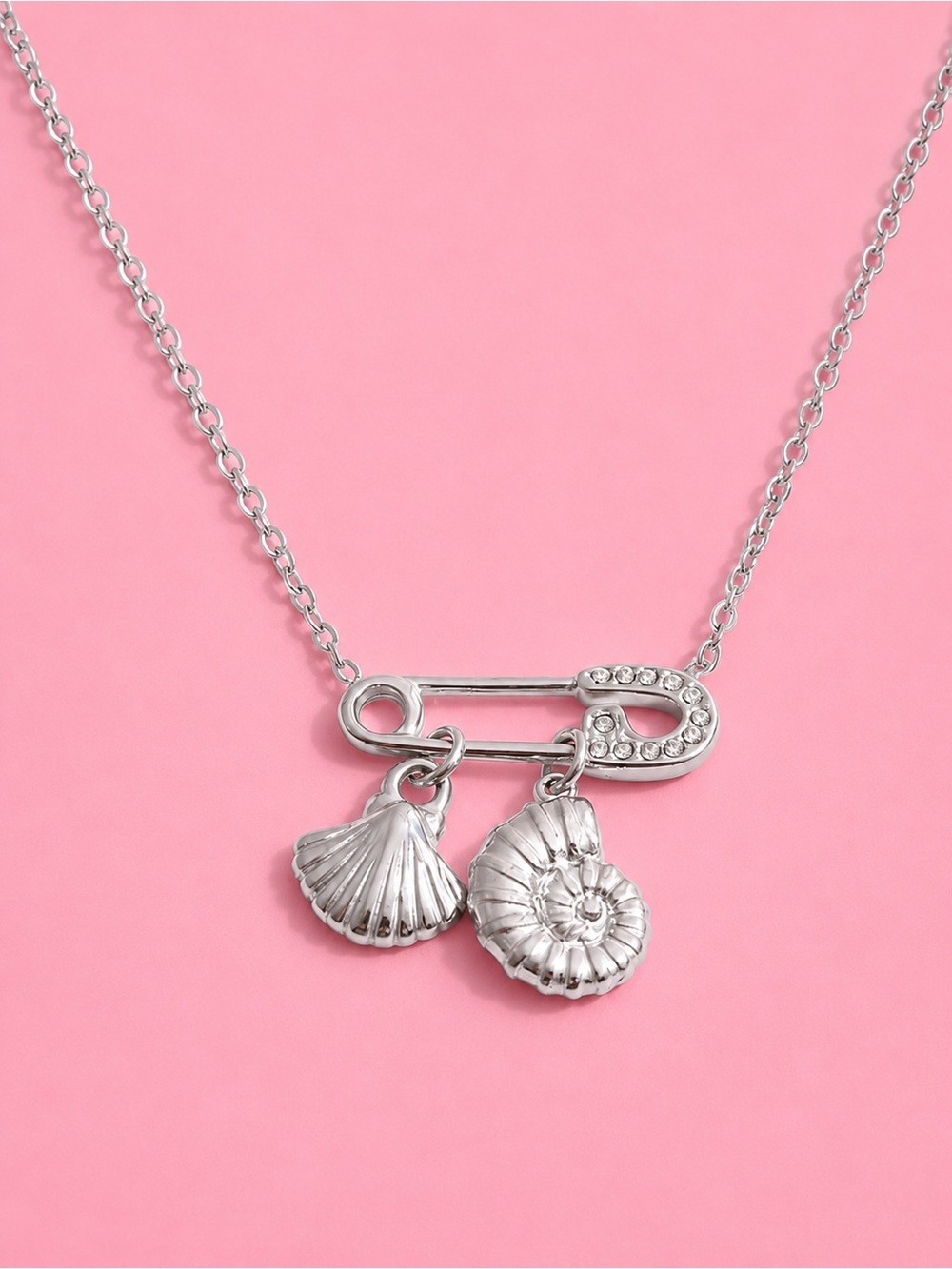 Dainty Silver Beach Safety Pin Charm Necklace